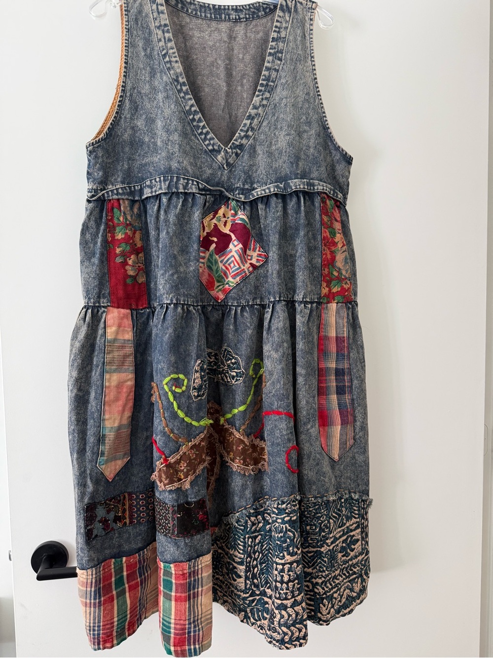 Boho Patchwork Denim Dress Tiered Folk Art Embroidered Sleeveless V Neck Cottage